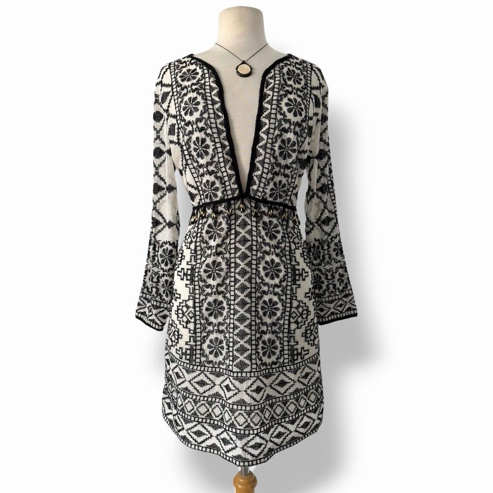 Antik Batik Ida Embroidered Mini Dress Cream Black Tassel Boho Festival Large